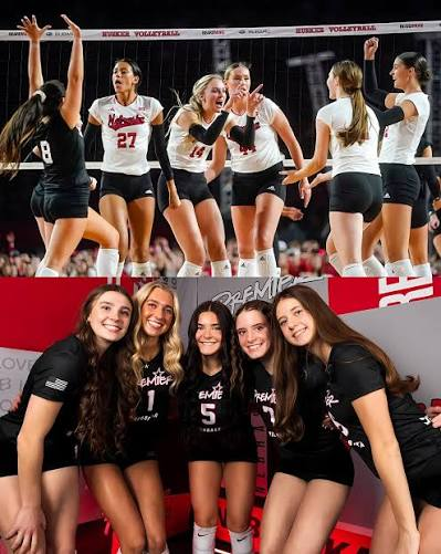 Nebraska Cornhuskers volleyball players celebrating a point during the 2026 season