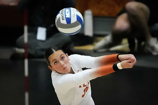Texas Longhorns volleyball player passing the ball during a 2026 schedule match