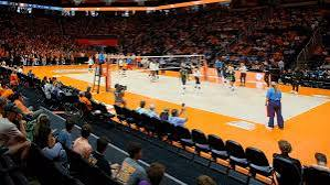 Wide view of a Tennessee Lady Vols volleyball match on the orange court in Knoxville