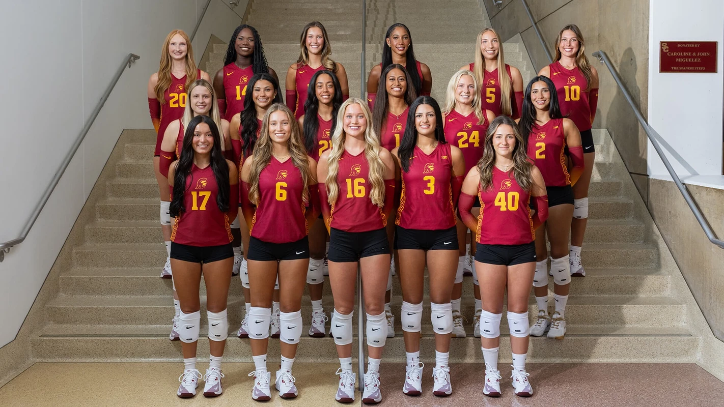 USC women's volleyball 2026 team photo on the Spanish Steps in cardinal uniforms