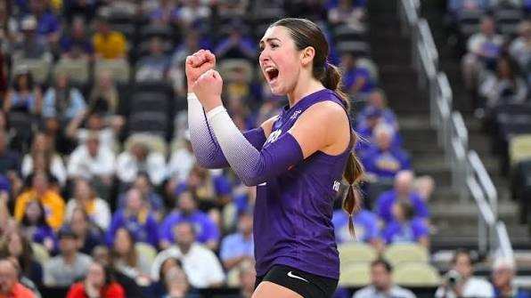 TCU Horned Frogs volleyball player celebrating a point in a purple jersey during the 2026 season
