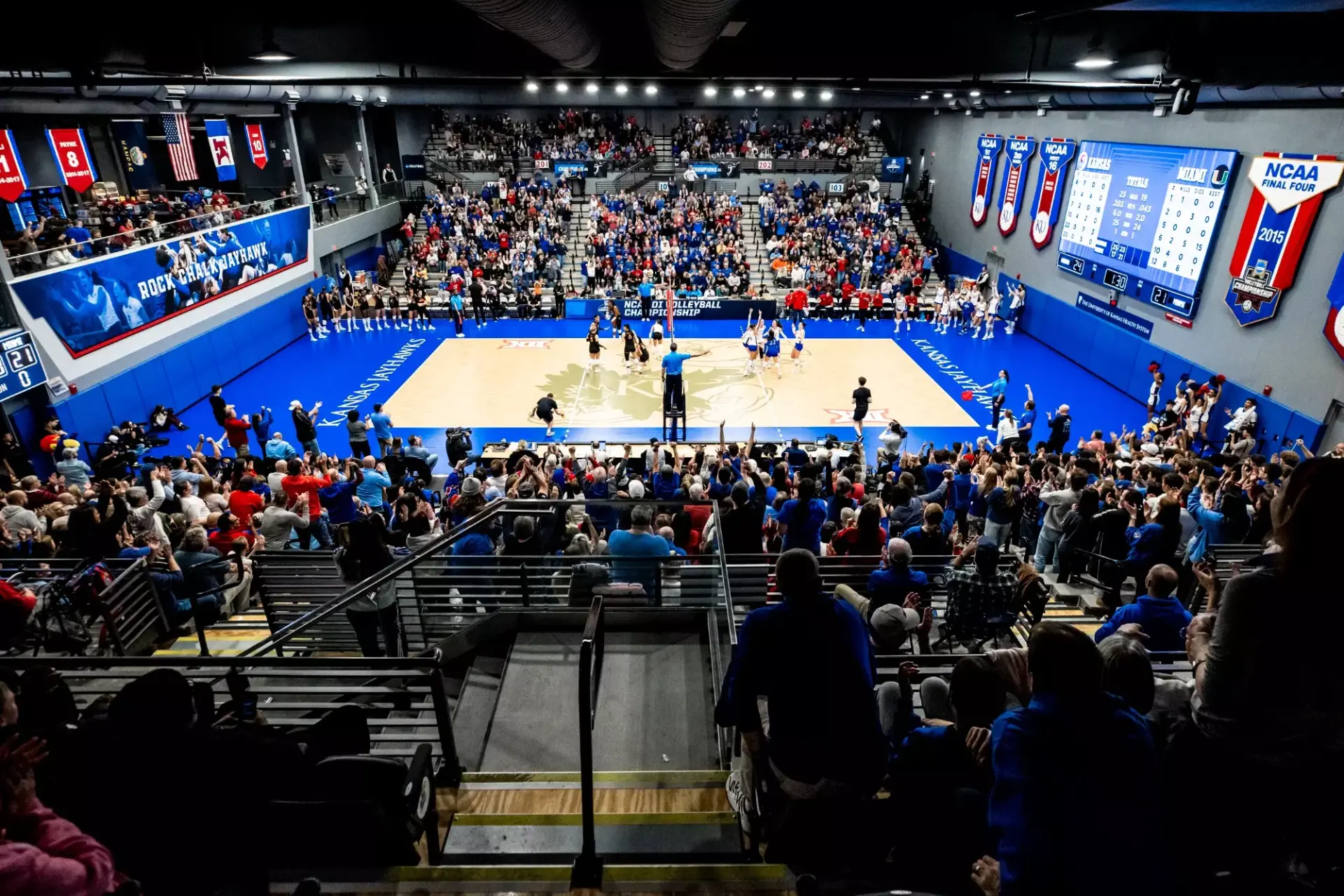 Packed Horejsi Family Volleyball Arena crowd standing during a Kansas NCAA Tournament volleyball match