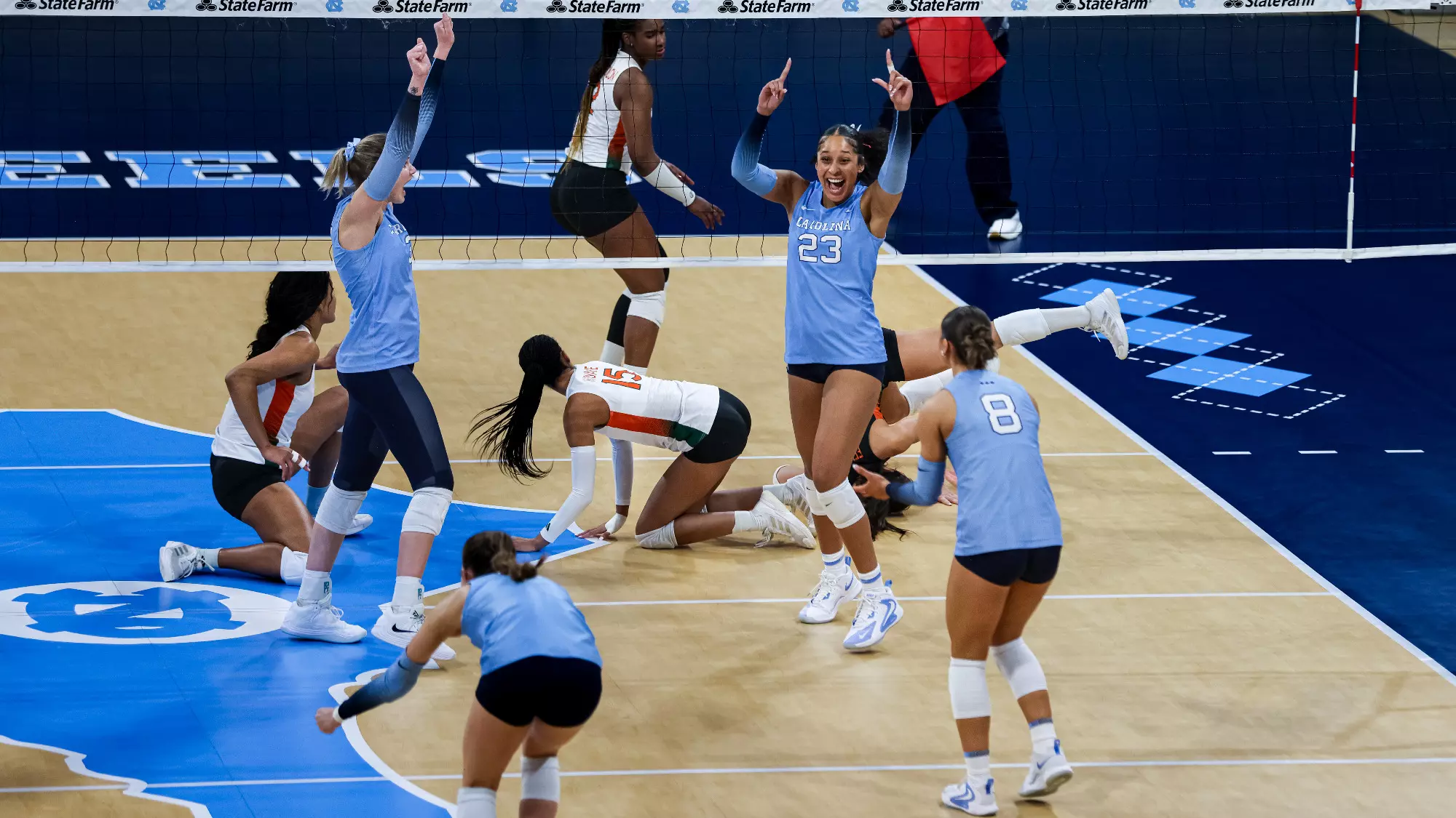 UNC volleyball players celebrating a point against Miami during an ACC match in Chapel Hill