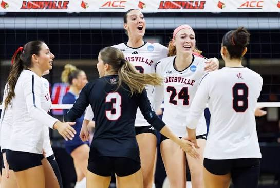 Louisville volleyball players celebrating a point together in front of the ACC backdrop