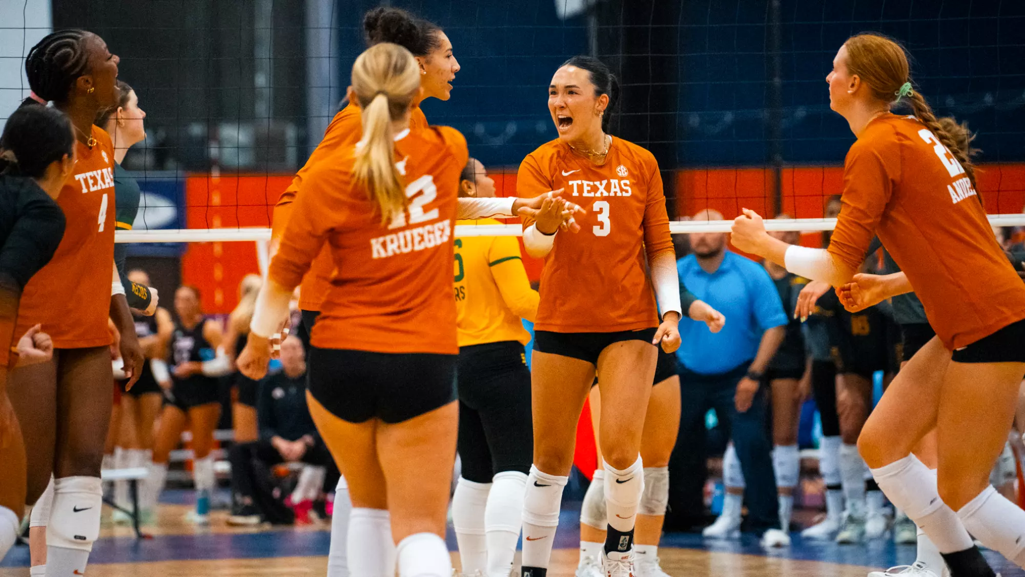 Texas Longhorns volleyball players in burnt orange jerseys celebrating a rally win at Gregory Gymnasium