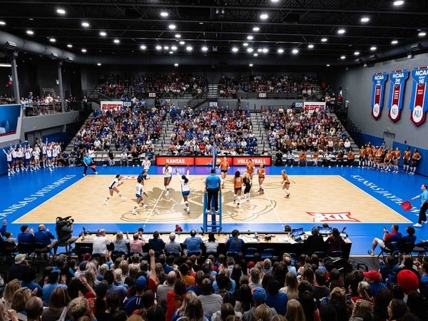 Wide view of Kansas Jayhawks volleyball facing Texas in a Big 12 match on the 2026 schedule