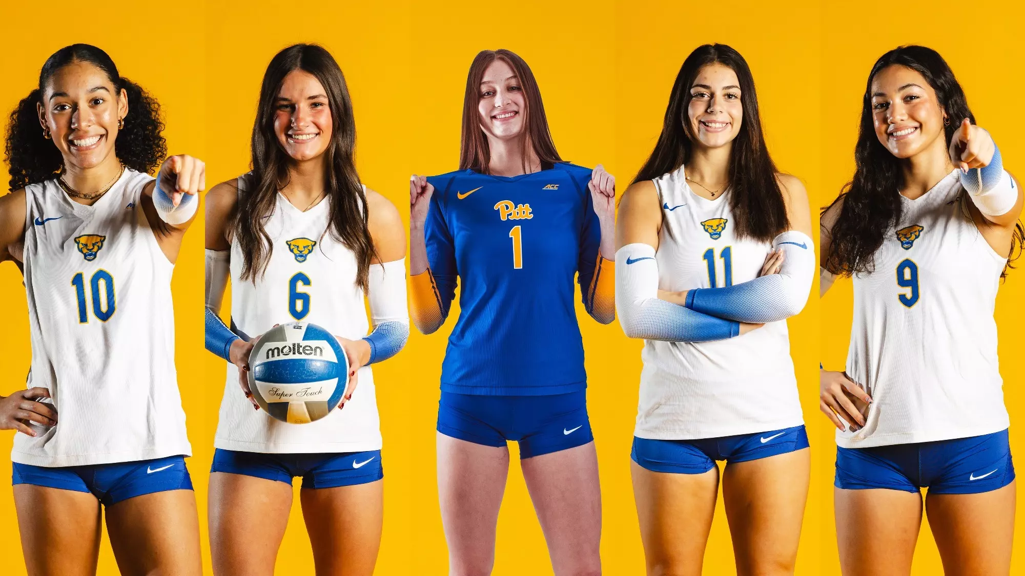 Pitt Panthers volleyball players posing in blue and white jerseys on a gold backdrop for the 2026 season