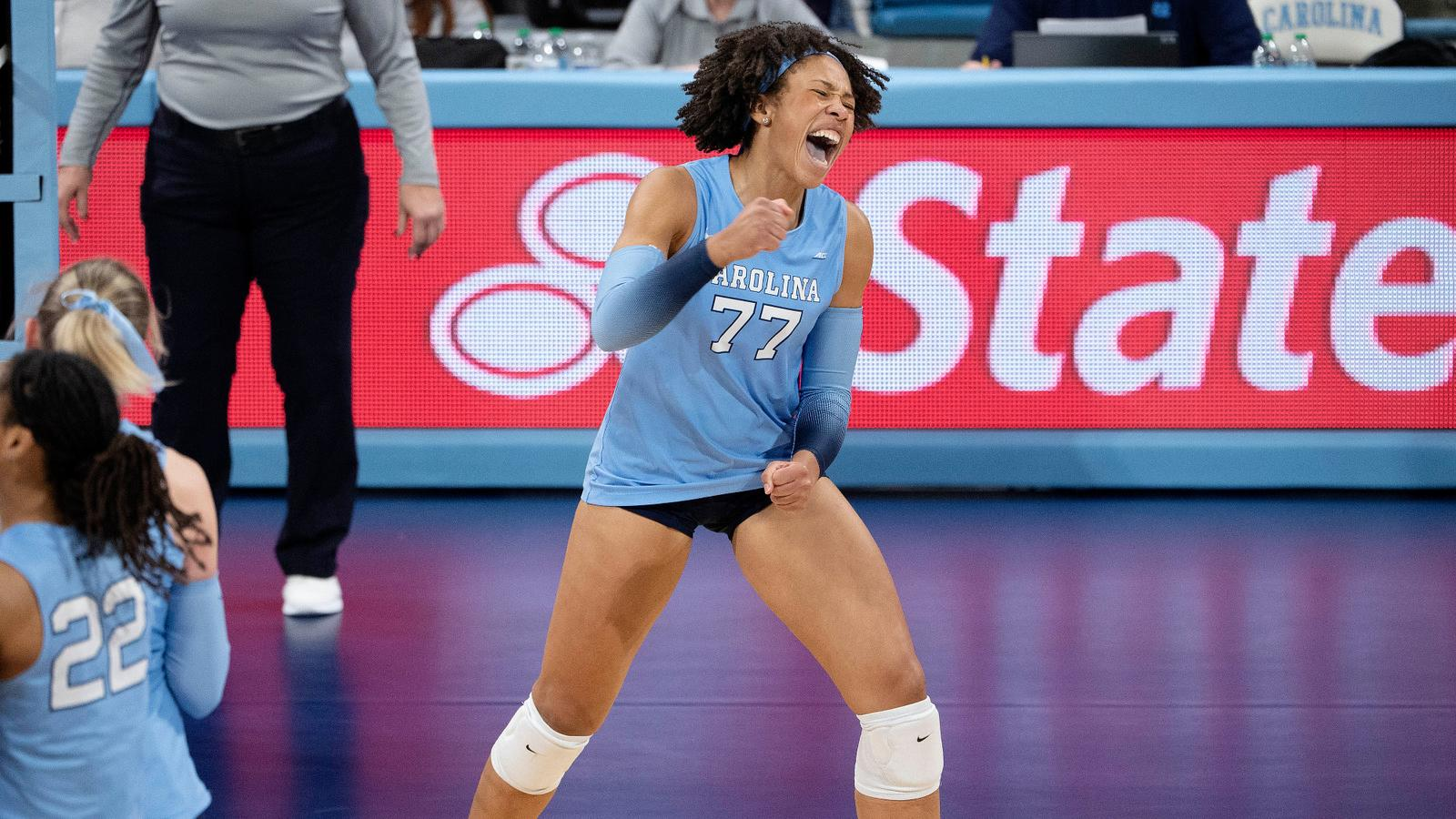North Carolina volleyball player No. 77 shouting in celebration after a kill during the 2026 schedule