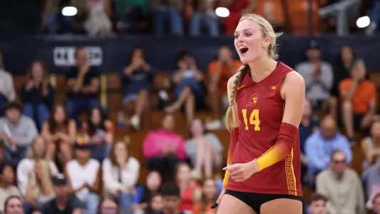 USC player number 14 shouting in celebration during a 2026 road match
