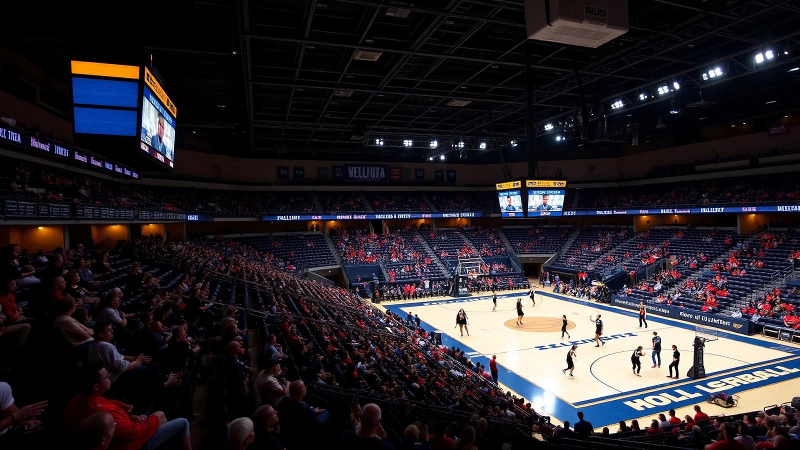 College volleyball arena packed with fans during a 2026 NCAA match