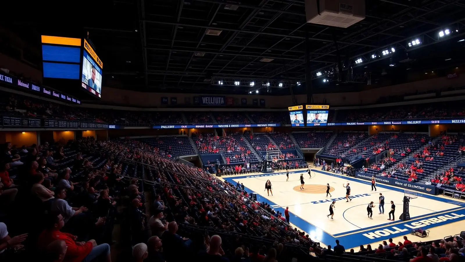College volleyball arena packed with fans during a 2026 NCAA match