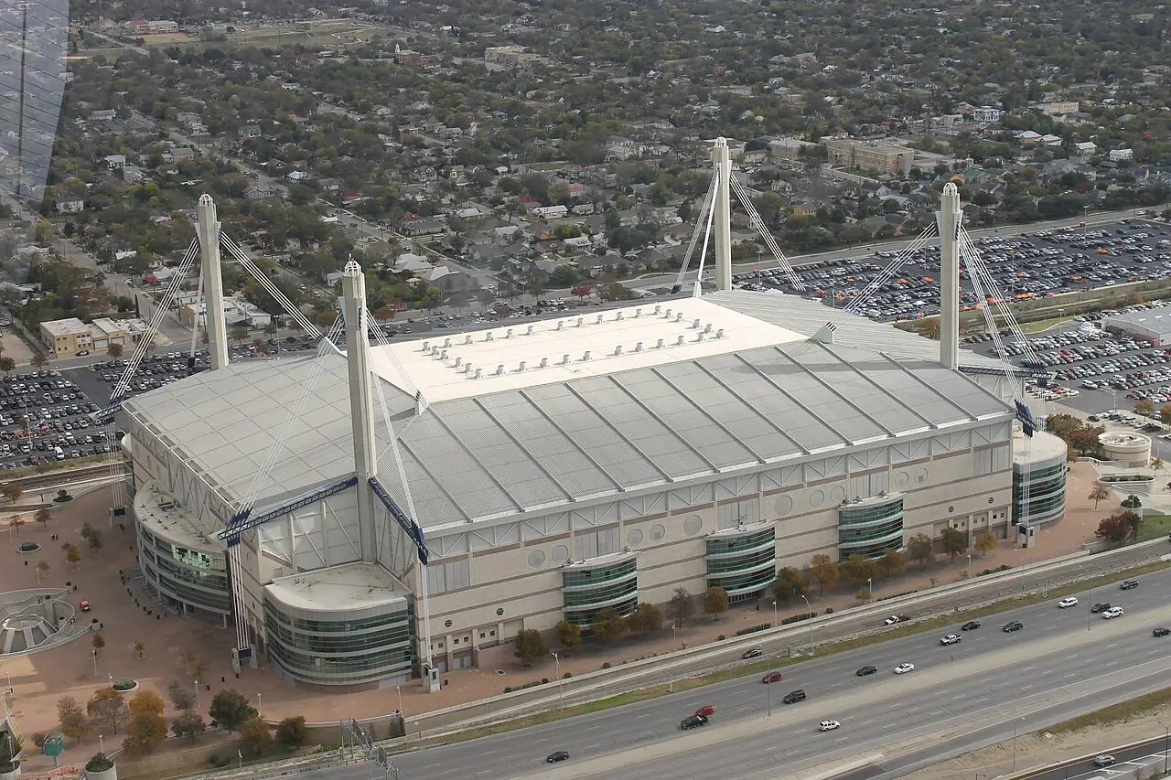 The Alamodome and neighboring streets viewed from the Tower of the Americas.