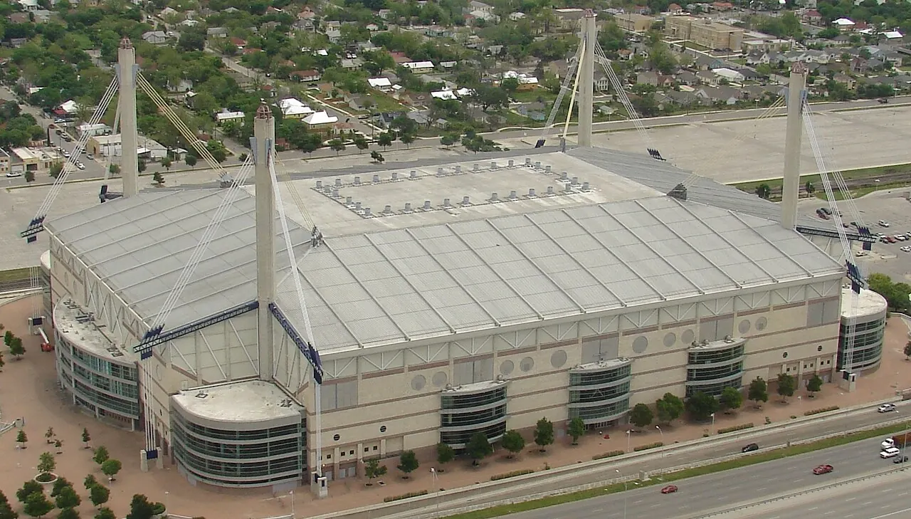 Elevated view of the Alamodome’s roof, exterior walls and surrounding streets in San Antonio.