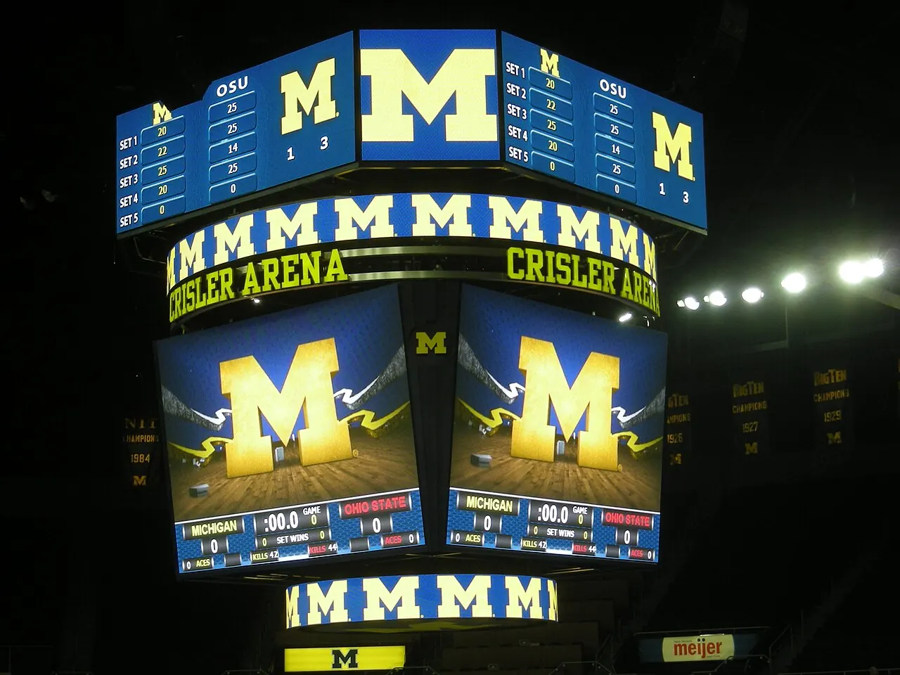 Crisler Arena scoreboard showing the four set scores from an Ohio State–Michigan volleyball match.